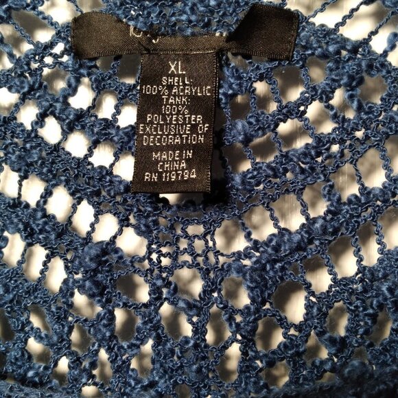 Poncho Style Crochet Sweater with Fringe Detail- Color: Denim Blue Size: XL - Picture 8 of 11